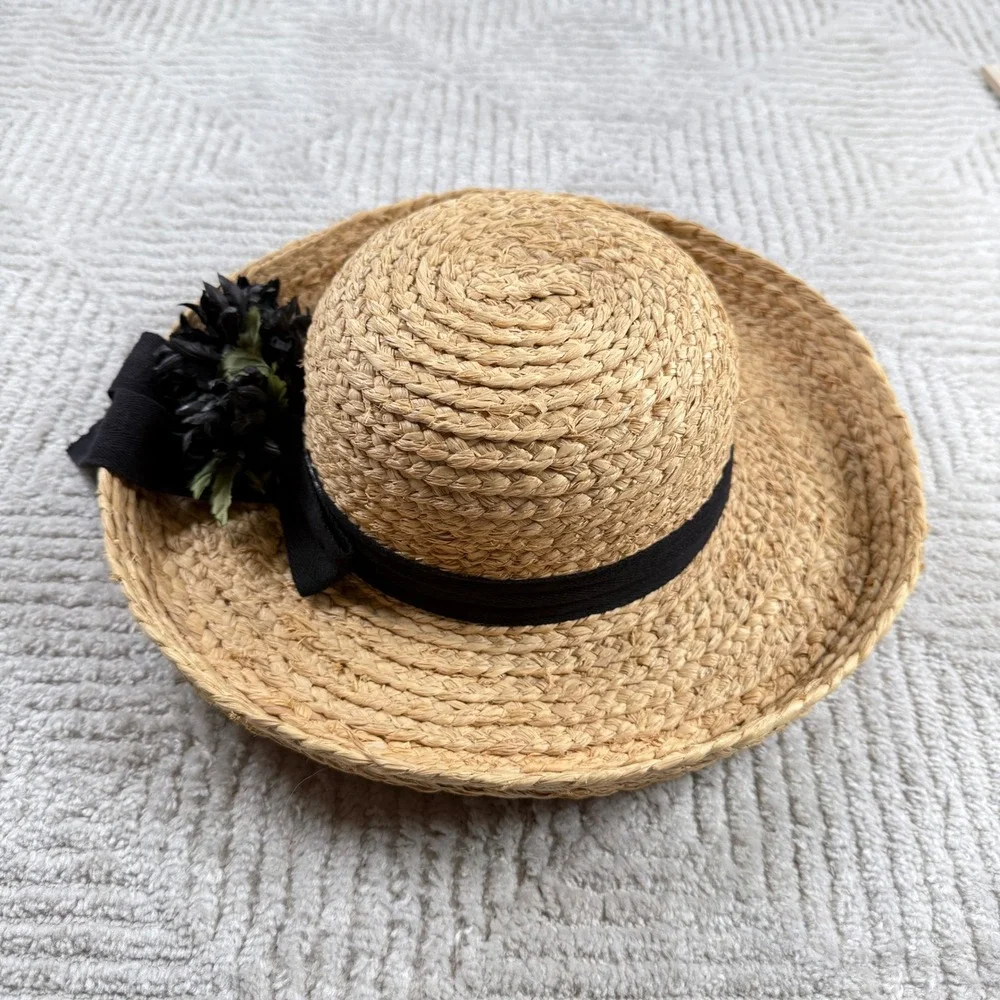 Betmar Street Smart Straw Sun Hat Women's Tan Black Ribbon Floral Summer Beach